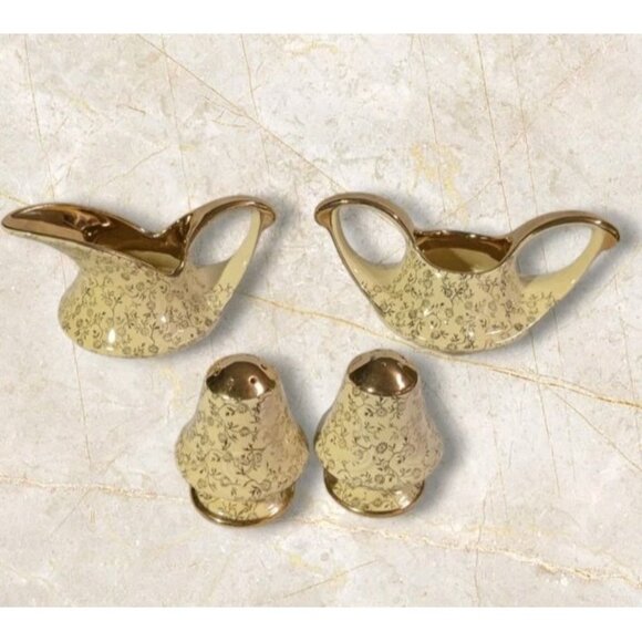 22 Kt Gold Sugar Bowl Creamer Salt & Pepper Shaker MCM Guaranteed Yellow Vtg USA - Picture 1 of 16